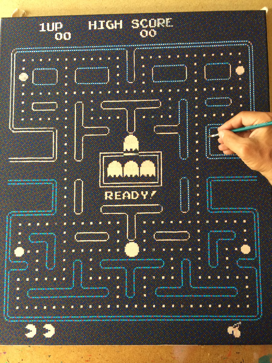 patrickegarter's tweet photo. #finearts, at work: „pac man: pixelism meets pixel-art“, #pixelism - ca. 75.000 painted pixels, □ = 2 x 2 mm, acrylic on canvas, 50 x 60 cm. #acrylic #visualart #art #pixelart #pixelpainting #atwork #pixelpainter #pixels #canvas #paintedpixels #pacman #arte #kunst #colors #pixel https://t.co/FlVu5QM3mw