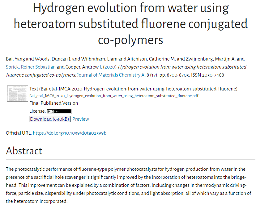 StrathclydeOA's tweet photo. #Hydrogen evolution from #water using #heteroatom substituted #fluorene conjugated co-polymers https://t.co/TaoJ3GcR8l #materials #chemistry #photocatalysts #OpenAccess @StrathChem @SebSprick https://t.co/ubutBwIiFk