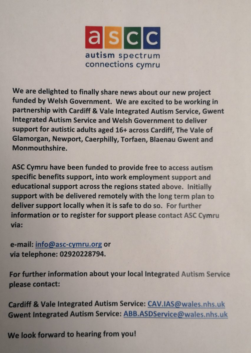 ASCCymru's tweet photo. We are very excited to share news of our new Welsh Government project offering into work employment, education and benefits support to autistic adults across the Cardiff &amp; Gwent regions.  For further information e-mail: info@asc-cymru.org 

We can't wait to hear from you! https://t.co/6CP4h7ZpnB