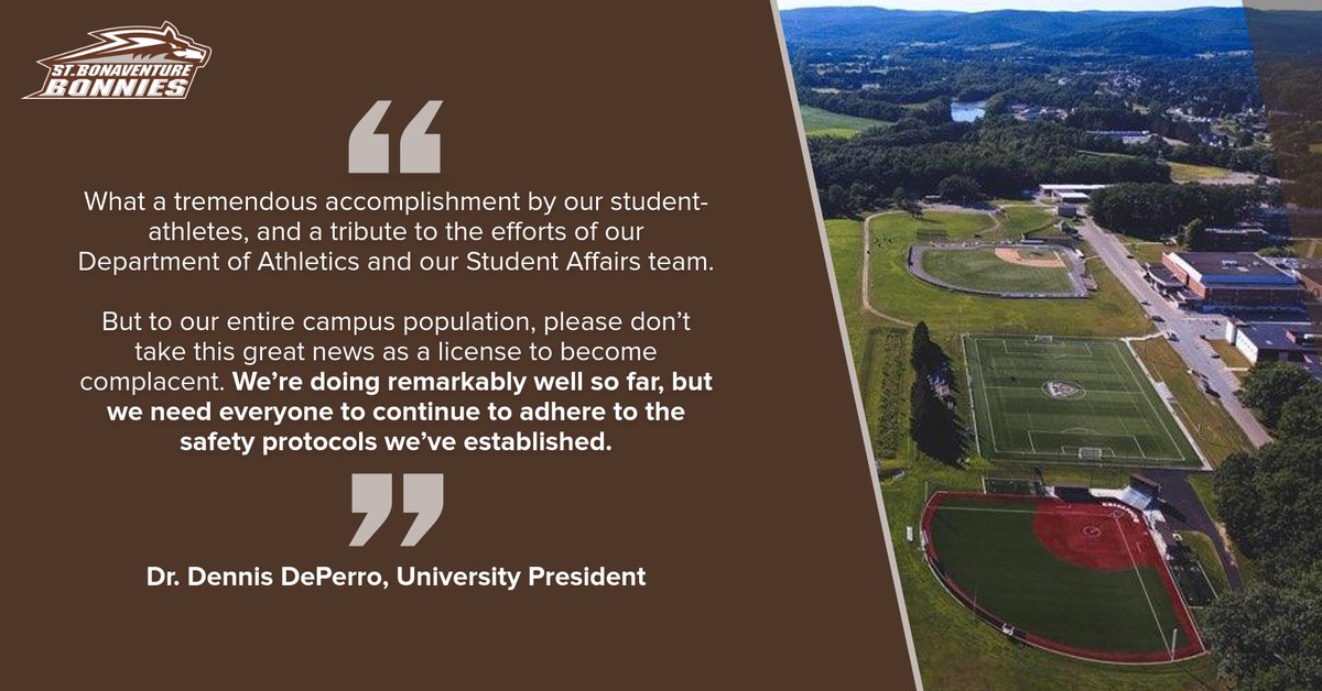 GoBonnies's tweet photo. NEWS | Latest round of @StBonaventure Athletics COVID-19 test results released: In over 600 tests administered since July, the department has received just 1 positive case. That student-athlete was asymptomatic and subsequently has tested negative twice.

https://t.co/FNrRpzr2yT https://t.co/P6cb3HBfyl