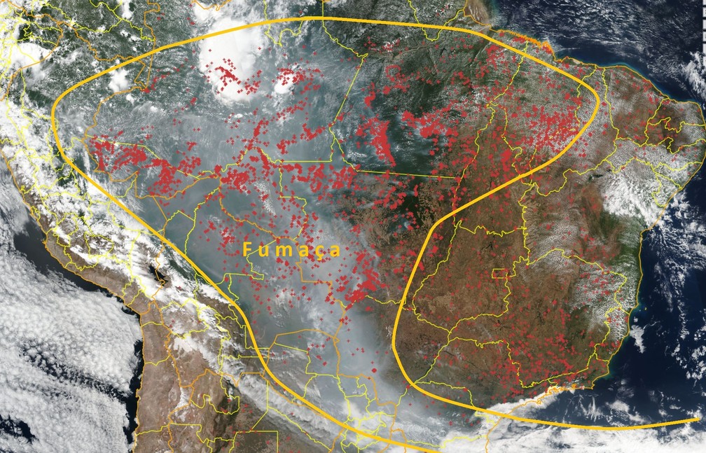 This is a satellite image from 08 Sep 2020 showing the smoke being carried by the South American Low-Level Jet to southern Brazil affecting air quality as well.