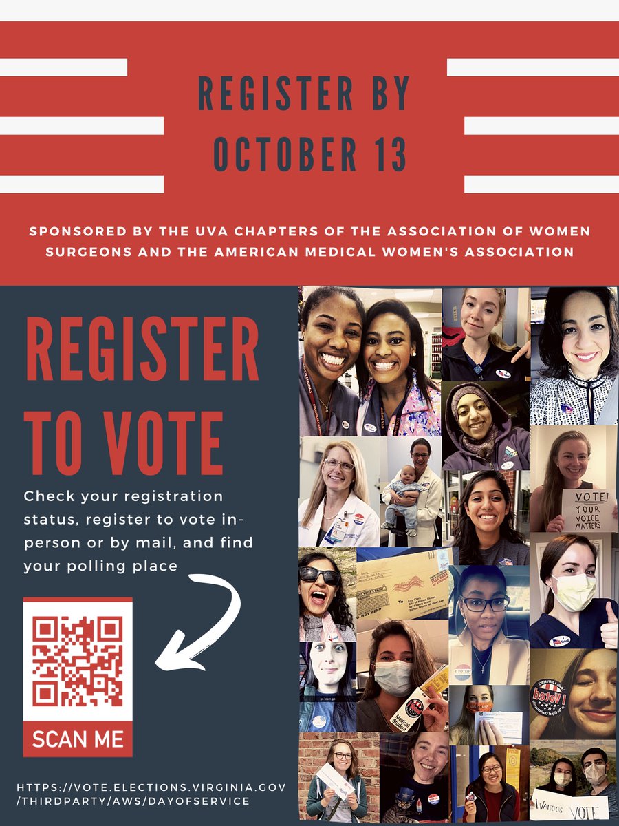Any @uvahealthnews employee who needs to register to vote should stop by the ERC (1220 Lee St) today–The UVA Chapters of the Association of Women Surgeons and the American Medical Women's Association are hosting a voter registration drive outside of Room B from 11am-5pm!