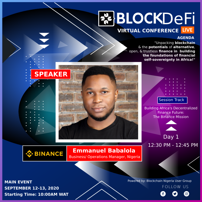 Emmanuelbabzz's tweet photo. A Hundred million dollar conversation Tomorrow, at Nigeria's biggest DEFi Event #BLOCKDeFi VCon with
@BlockchainNG @binance
REGISTER at https://t.co/agtq8lB2tj https://t.co/px1tYwRnxA