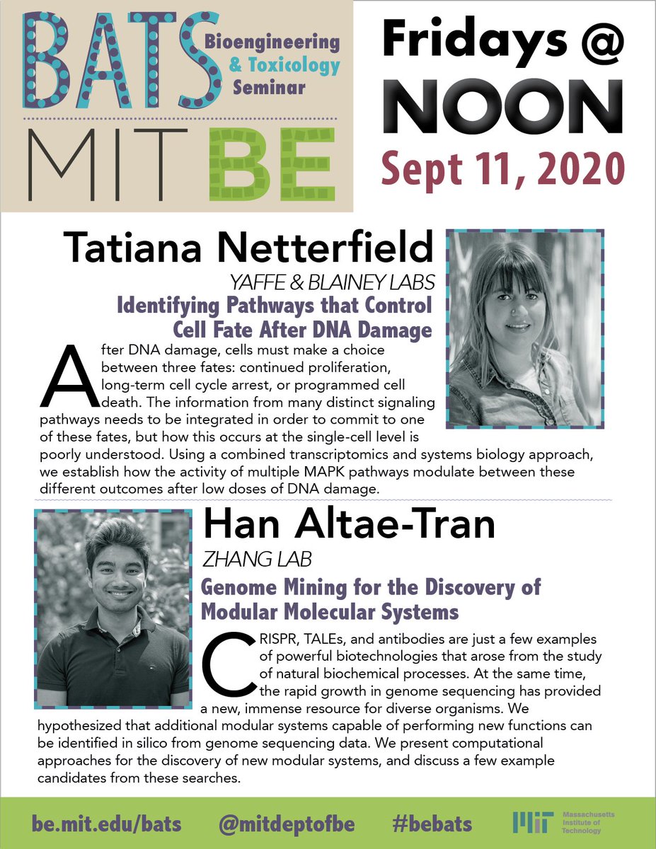 MITdeptofBE's tweet photo. Up at BATS today...
Tatiana Netterfield @tatidascientist (YAFFE & BLAINEY LABS) Identifying Pathways that Control Cell Fate After DNA Damage
Han Altae-Tran (ZHANG @zhangf)
Genome Mining for the Discovery of Modular Molecular Systems
#bebats https://t.co/dfe79j4GrN