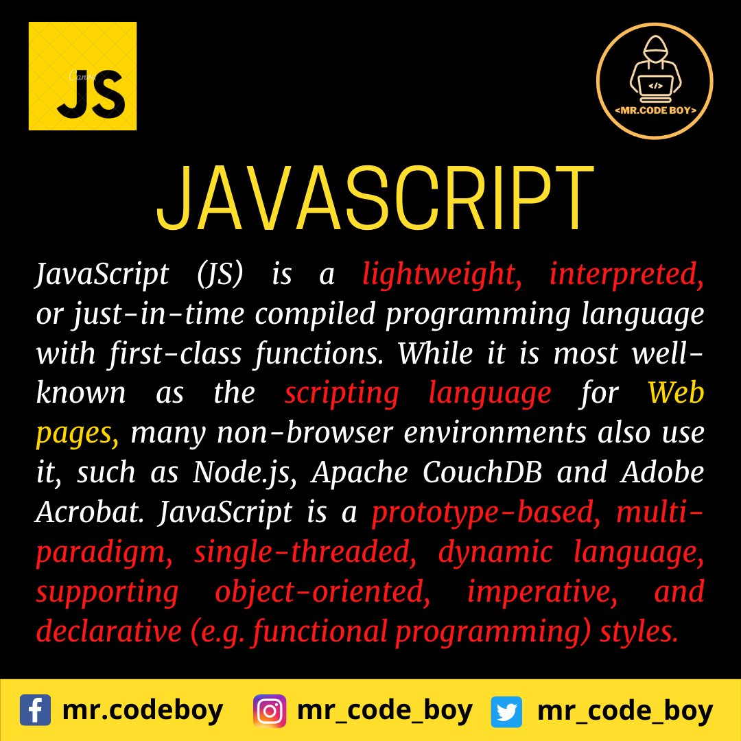 mr_code_boy's tweet image. JS - JavaScript
#codehacker #codeworld #programmer #developer #program #javascript #javascriptdeveloper #nodejs #reactjs #angular #website #websitedesign #webdeveloper #webdevelopment #webdev #frontend #backend