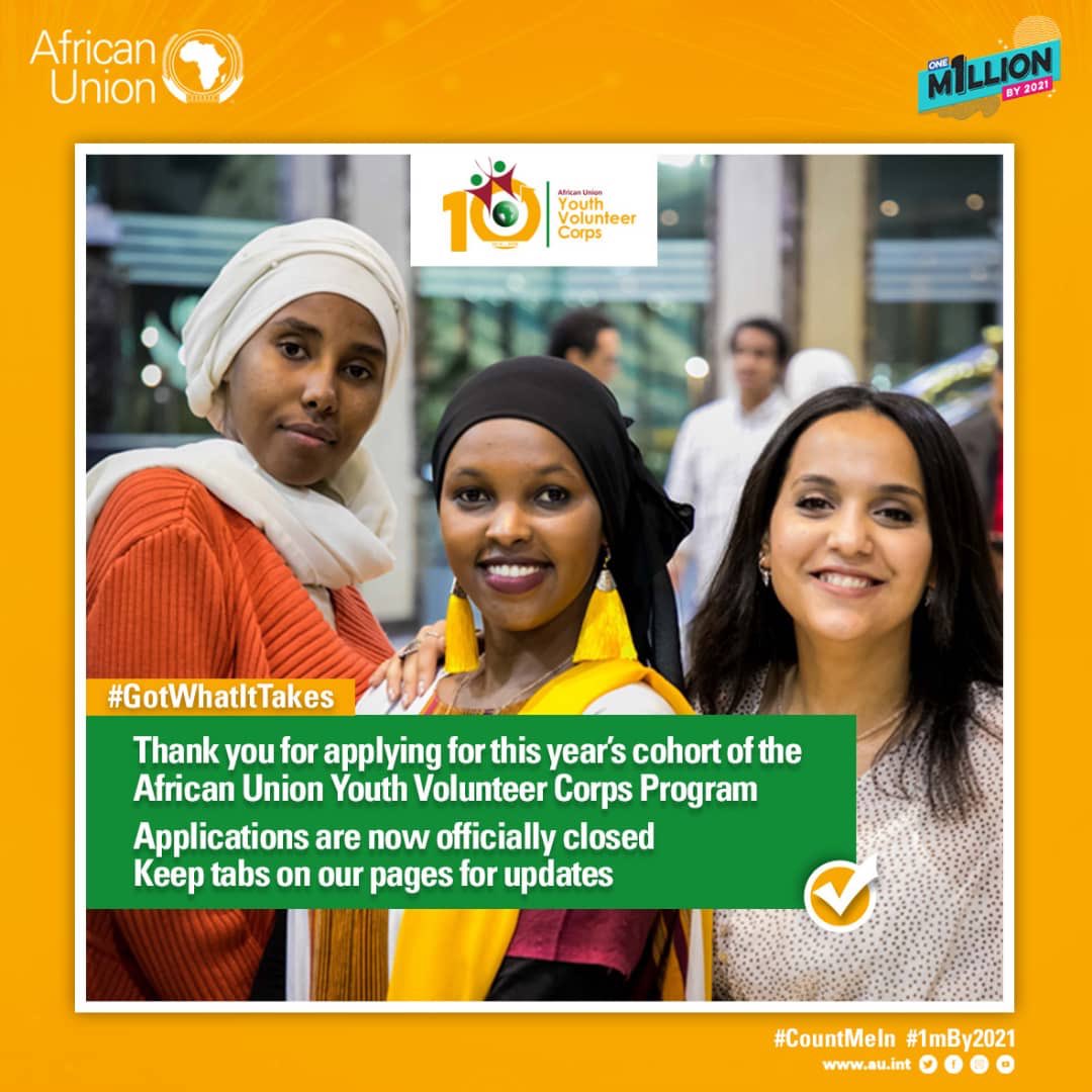 AUYouthProgram's tweet photo. Congratulations to all who submitted their applications for the @auvolunteer program. We have received all your applications. 
We urge you to keep tabs on our platforms for information on the next steps.

#GotWhatItTakes #1mBy2021 https://t.co/O1Cops8ImA