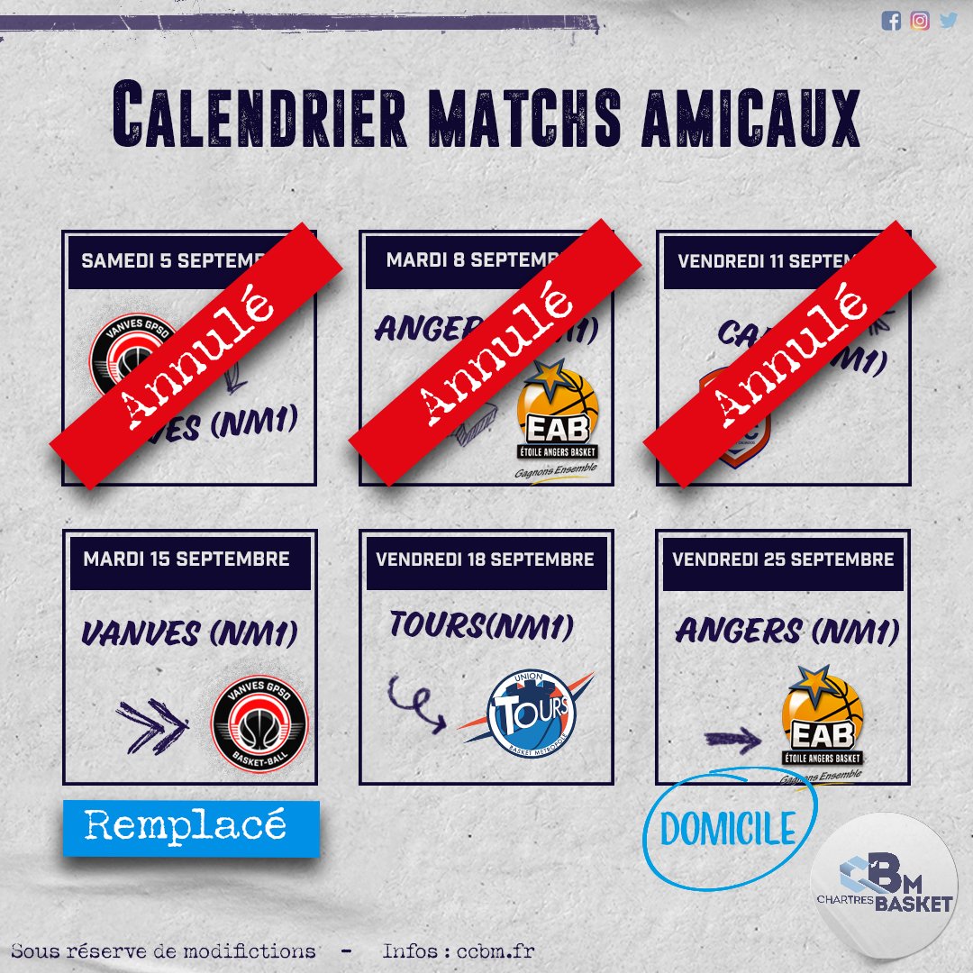 📆 | #Reprise
‼️MISE À JOUR ‼️
Suite au début de préparation perturbée et un effectif réduit, le club de Caen a décidé d’annuler la rencontre programmée mardi à Chartres. 
➡️ Le groupe de Sébastien Lambert se rendra donc à <a href="/VanvesBasket/">Vanves GPSO 🏀 Seine Ouest Basket</a>  pour effectuer leur 1er match.
#TeamCCBM