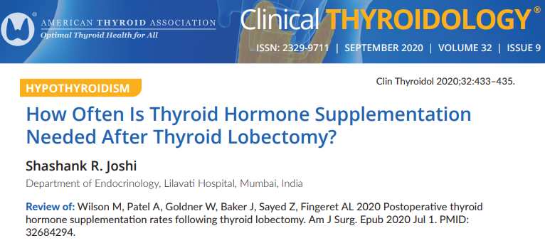 How should we best counsel anticipated #thyroid hormone needs in patients considering a hemithyroidectomy? Thank you <a href="/AskDrShashank/">Dr. Shashank Joshi</a> for your summary of this recent paper by <a href="/whitsgoldner/">Whitney Goldner</a> <a href="/DrFingeret/">Abbey Fingeret MD MHPTT FACS</a> &amp; colleagues at <a href="/unmc/">University of Nebraska Medical Center</a>. <a href="/TheAAES/">American Association of Endocrine Surgeons</a> <a href="/TheAACE/">AACE</a> <a href="/TheEndoSociety/">Endocrine Society</a>

ow.ly/7FiF50BmkgW