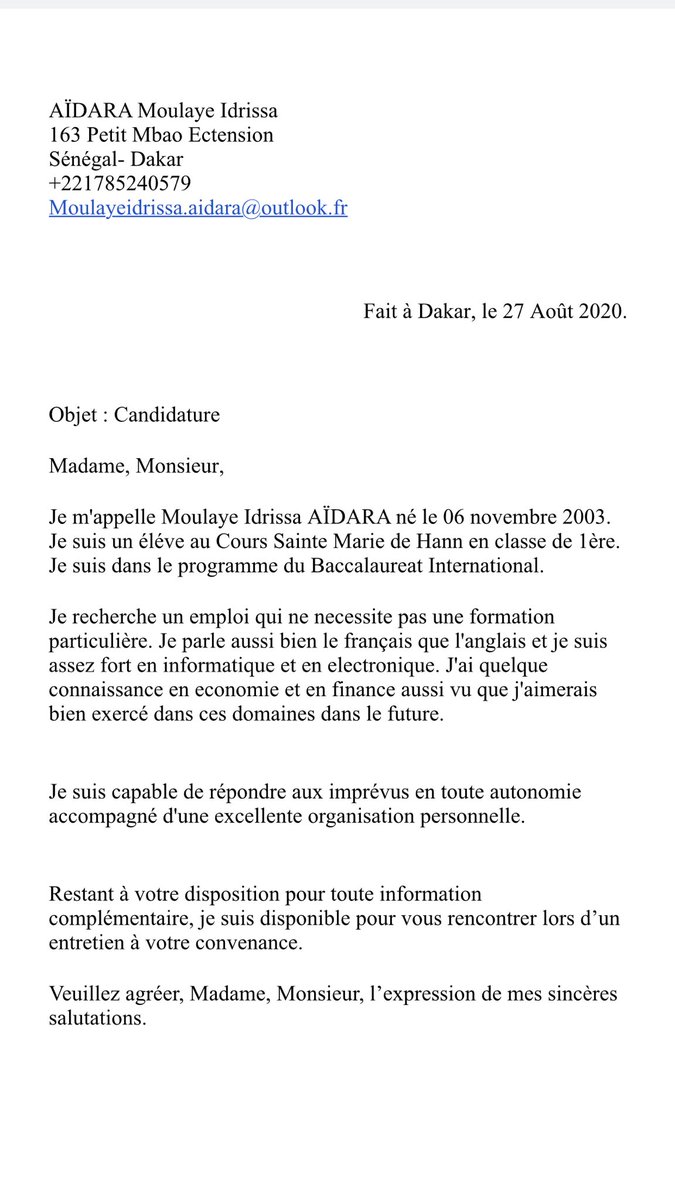 ibukandjoli's tweet photo. J’ai été contacté il y a peu par un élève de 1ere à la recherche d’un emploi.

J’ai été séduit par son verbe, mais je ne suis présentement pas à la recherche d’un profil comme le sien.

Je lui ai demandé de rédiger une lettre de motivation que je partagerai sur mes RS.

La voici. https://t.co/usudRgKpK0