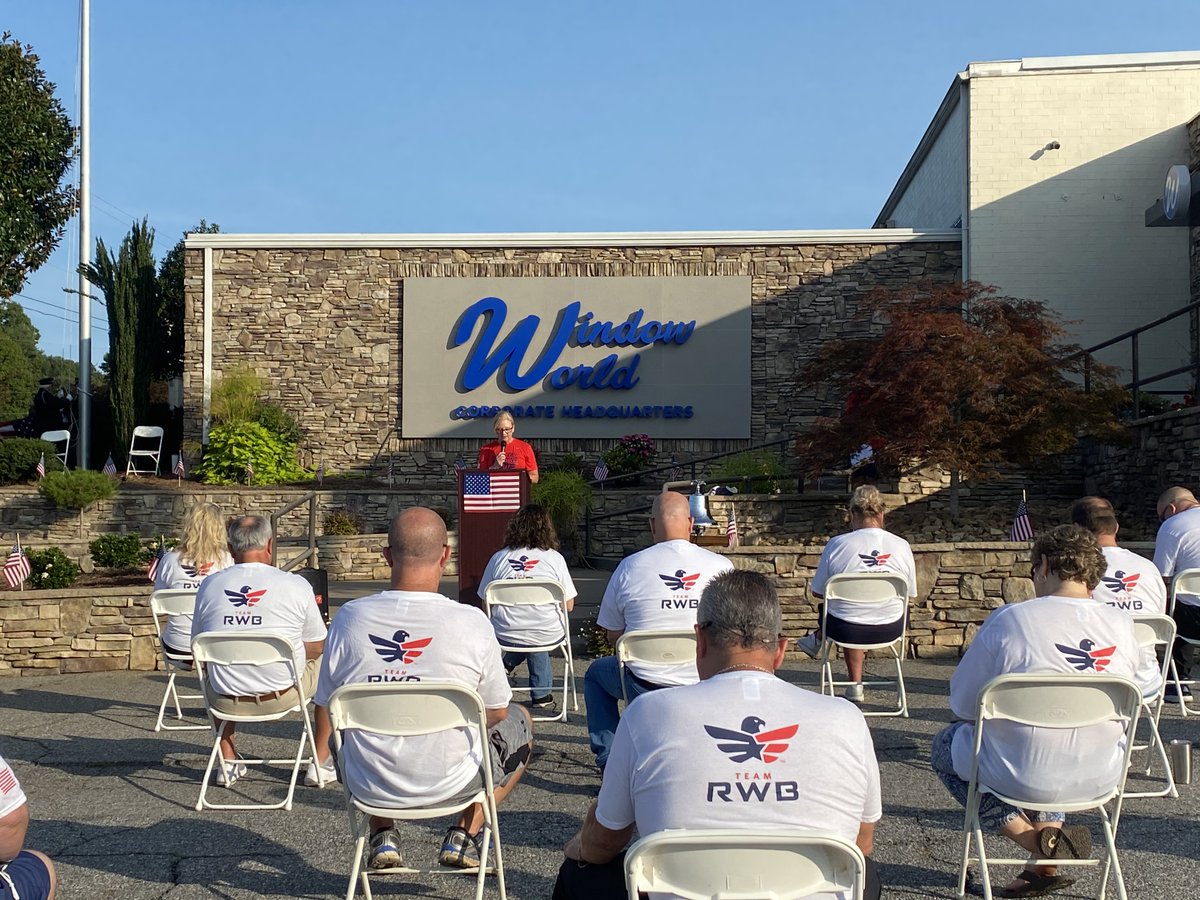 WindowWorld's tweet photo. Employees, family, and friends from Team Red, White &amp; Blue join us at the corporate office in North Wilkesboro, North Carolina, this morning to pay our respects to the men, women, and children we lost due to the attacks on 9-11. #NeverForget #WWMI #RWBTribute 🇺🇸❤️️ https://t.co/v4qt2l6SRR