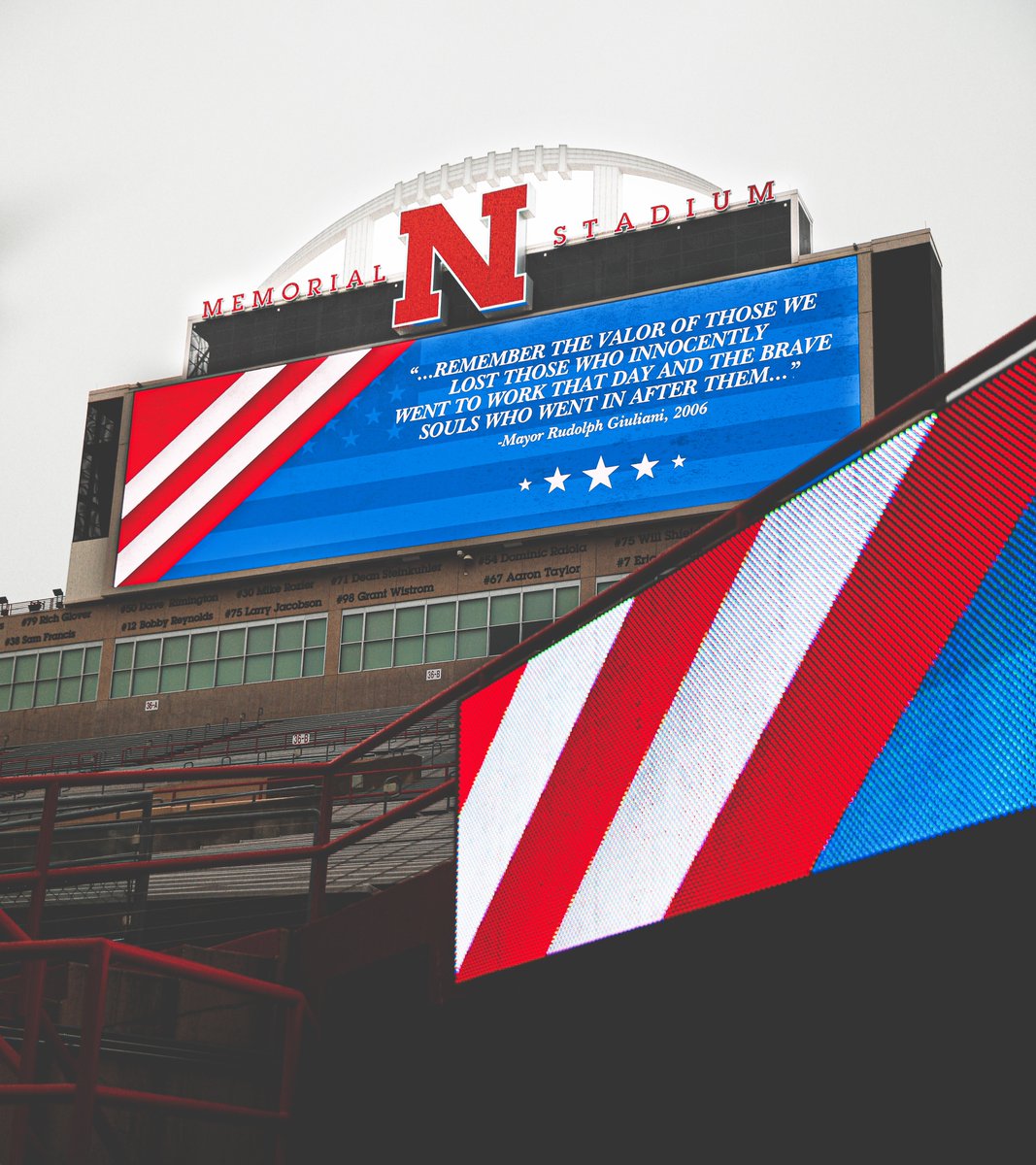 Huskers's tweet image. #NeverForget 

🔴⚪️🔵 can be seen in Memorial Stadium today for the annual Sept. 11th Stair Run with UNL ROTC, LPD &amp;amp; Lincoln Fire &amp;amp; Rescue.