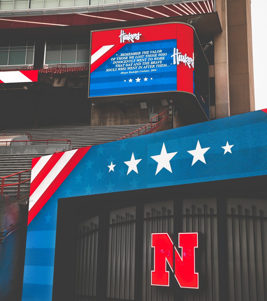 Huskers's tweet image. #NeverForget 

🔴⚪️🔵 can be seen in Memorial Stadium today for the annual Sept. 11th Stair Run with UNL ROTC, LPD &amp;amp; Lincoln Fire &amp;amp; Rescue.