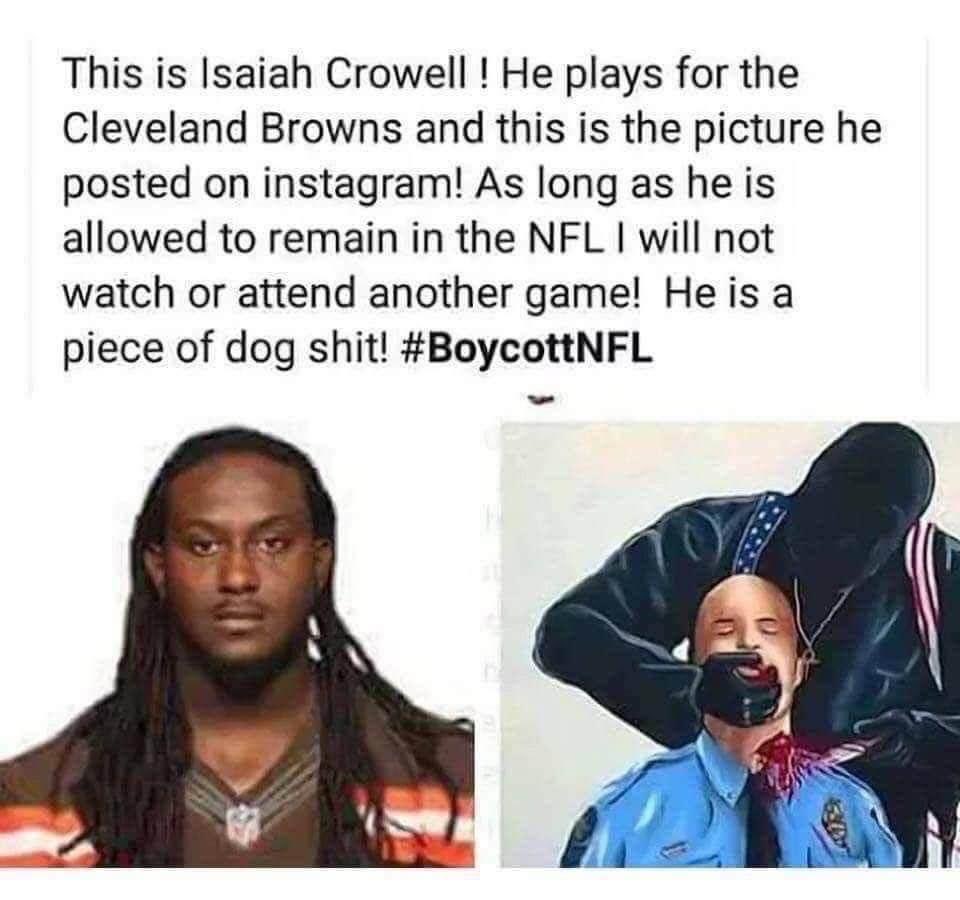 FreedomAintFre4's tweet photo. @IsaiahCrowell34 Enjoy your #Freedom today you piece of shit. #NFL 🖕🏽 #BoycottNFL https://t.co/DF5JxlyYjT