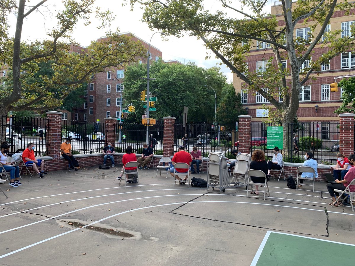 UFT's tweet image. .@UFT supporting educators at IS 230 in Jackson Heights. They will work outside until they know it is safe to go back into their school after a reported positive covid case. Results reported but no same day test and trace outreach. Unacceptable.