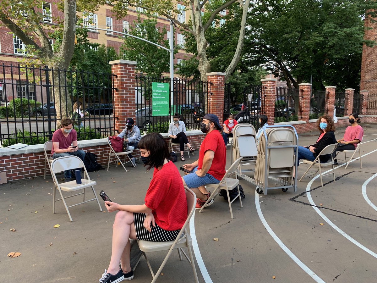 UFT's tweet image. .@UFT supporting educators at IS 230 in Jackson Heights. They will work outside until they know it is safe to go back into their school after a reported positive covid case. Results reported but no same day test and trace outreach. Unacceptable.