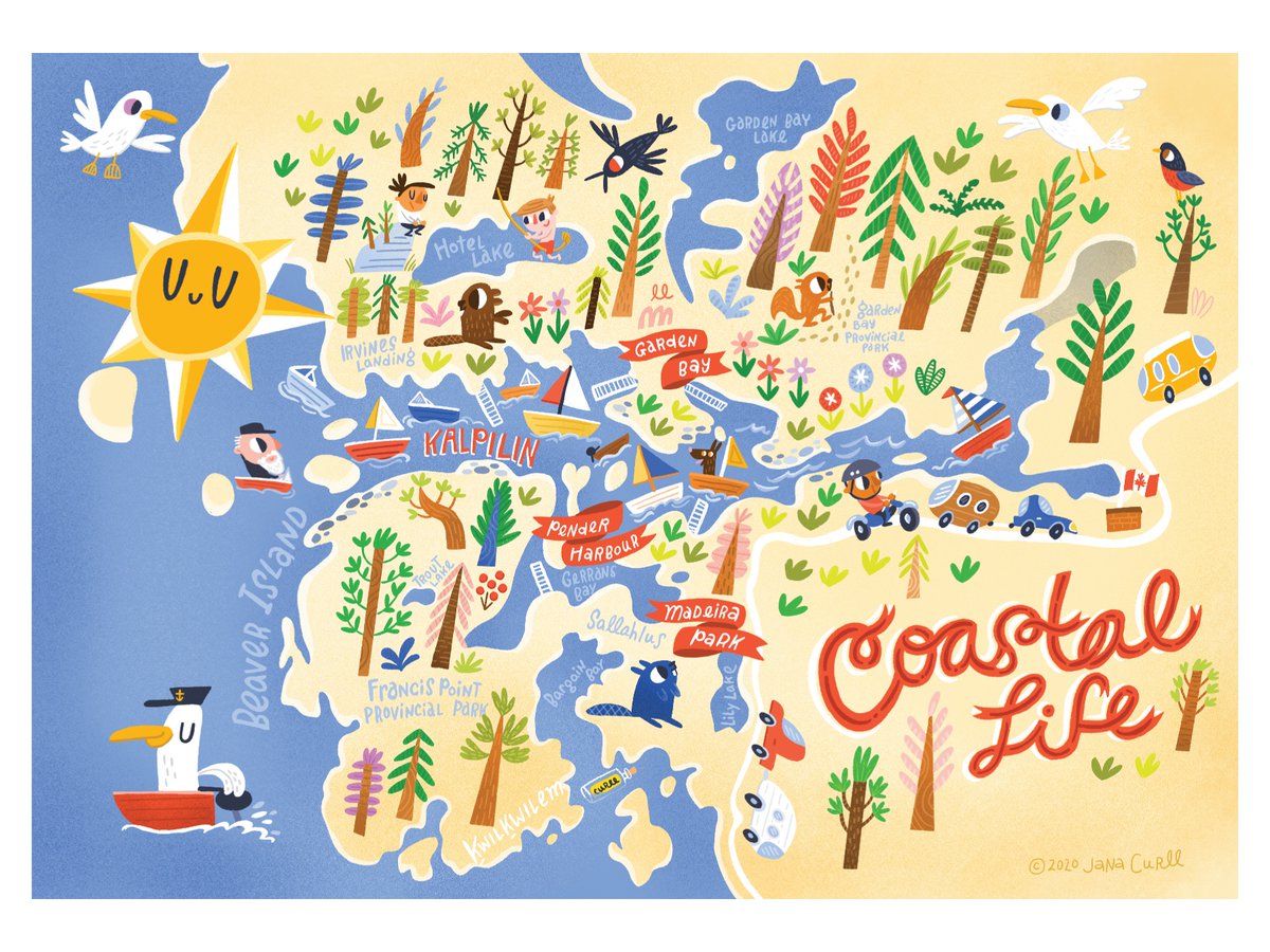 So I drew more trees. And seagulls and water. So another map is done of the #sunshinecoastbc !