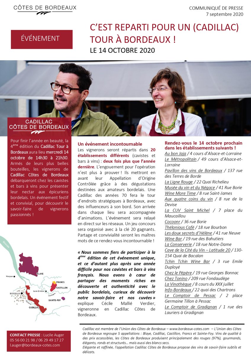 *A VOS AGENDAS*

C'est reparti pour un (Cadillac) Tour !

Le Cadillac Tour, rendez-vous incontournable des <a href="/CadillacCotesBx/">Cadillac Côtes de Bx</a>, se tiendra à Bordeaux le mercredi 14 octobre de 14h30 à 21h30 🙃🍷🎉