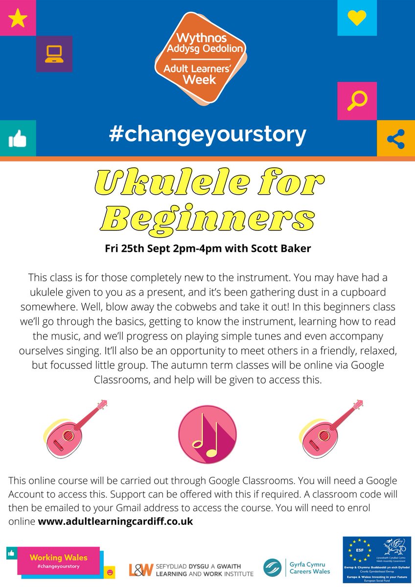 LearningCardiff's tweet photo. We’re working in partnership with @LearnWorkCymru for the #changeyourstory campaign this year – we’re pleased to deliver a FREE virtual programme for learners 

Ukulele for Beginners, Friday September 25th

To enrol visit: https://t.co/kIpkPY71ZT https://t.co/bEbrrdZmQt