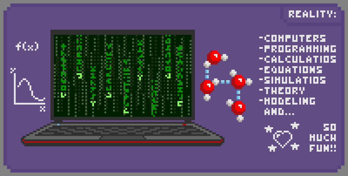 Now thankfully things are different. Now we have computers.Now we can be chemists but not being in a laboratory.This is how chemistry looks like to me: - Formulas- Calculations- Energies- Equations - Simulationsand, of course...lots of fun.