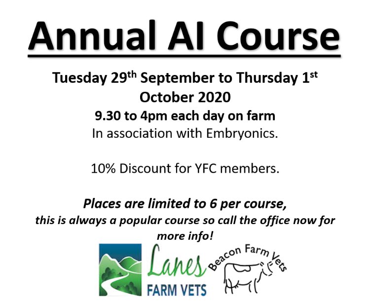 LanesFarmVets's tweet photo. Our popular AI course is back!
29th September to 1st October on farm. 

With 10% discount for @LancashireYFC members.

Call 01995602468 for more info including costs and location 🐮🐮

@embryonics @BeaconFarmVets 

#teamdairy https://t.co/XmSQPTr1aX