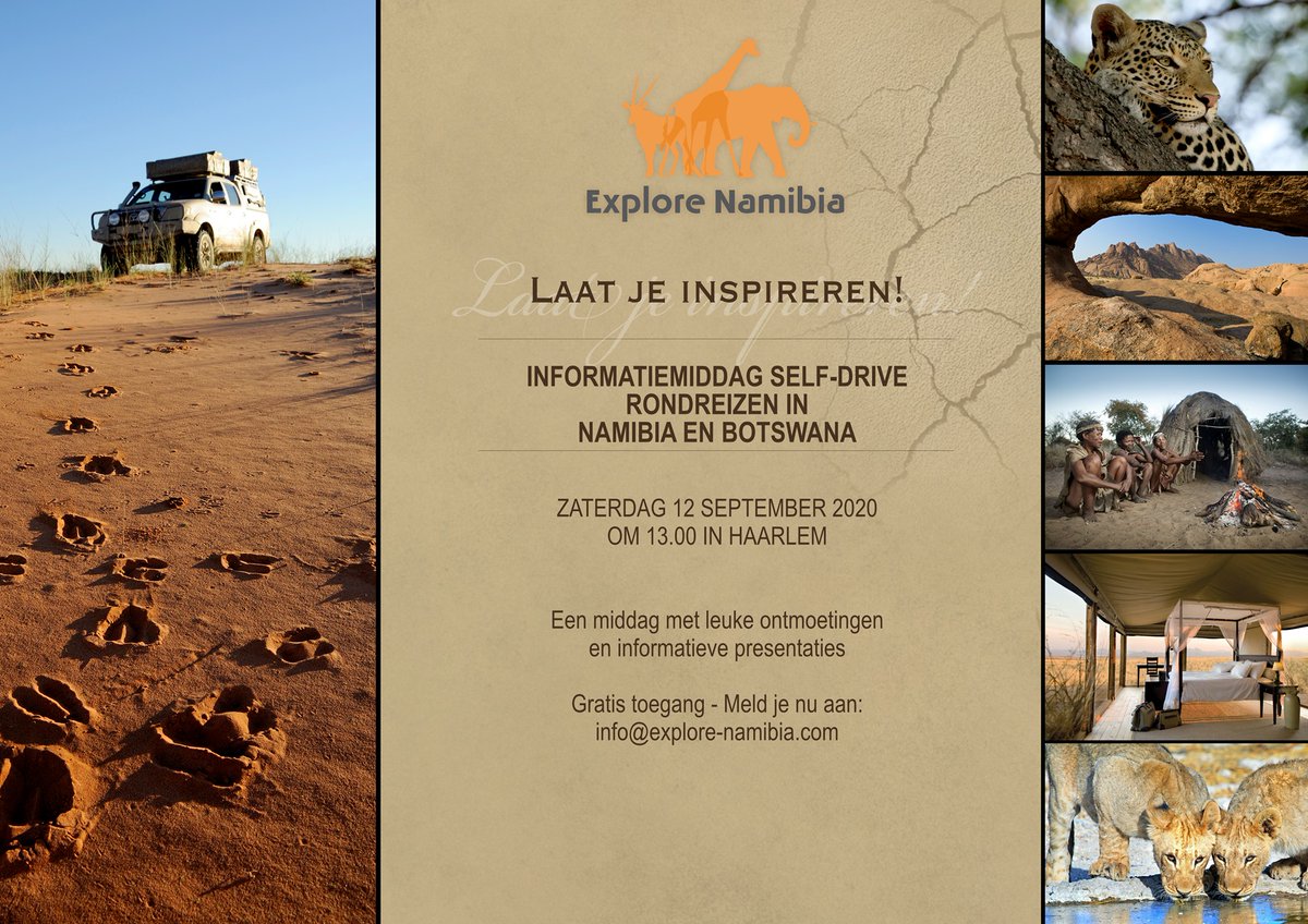Er zijn nog slechts een paar plaatsen beschikbaar voor deze GRATIS infodag welke morgen zaterdag 12 september 2020 plaats gaat vinden in Haarlem.

Meld je nu aan via info@explore-namibia.com
