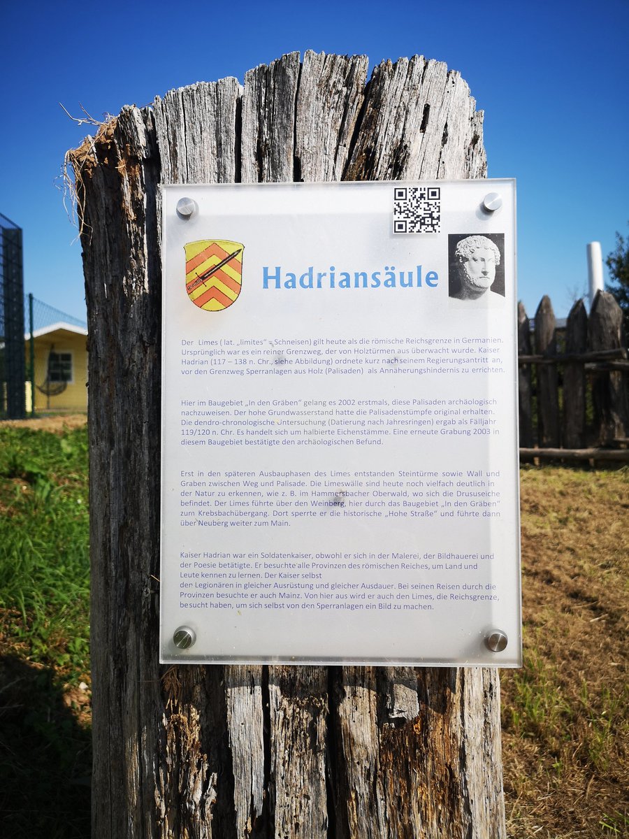 I'm at Markobel on the Upper German-Raetian Limes route where 2002 excavations confirmed that Hadrian erected a palisade as an artificial frontier-work. It was established by dendrochronology that the palisade was constructed out of the trunks of oak trees in AD 120.  #Hadrian1900