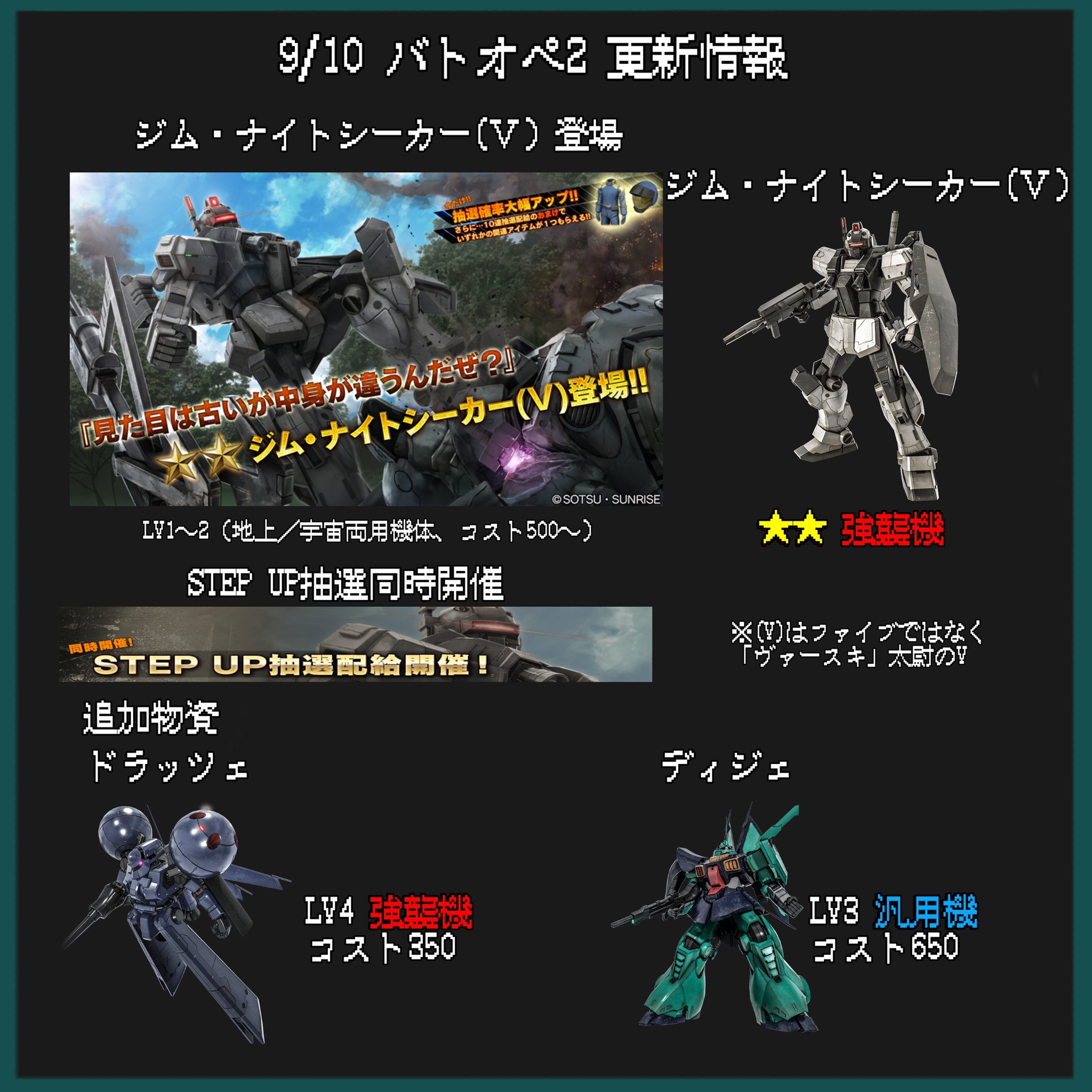 ヘモ ヘモ 9 10 バトオペ2 更新情報 ジム ナイトシーカー V 登場 Step Upガチャ Dp交換機体 リサイクルチケット など バトオペ2 ヘモ ヘモ 9 10 バトオペ2 更新情報 ジム ナイトシーカー V 登場 Step Upガチャ Dp交換機体 リサイクルチケット など バトオペ2