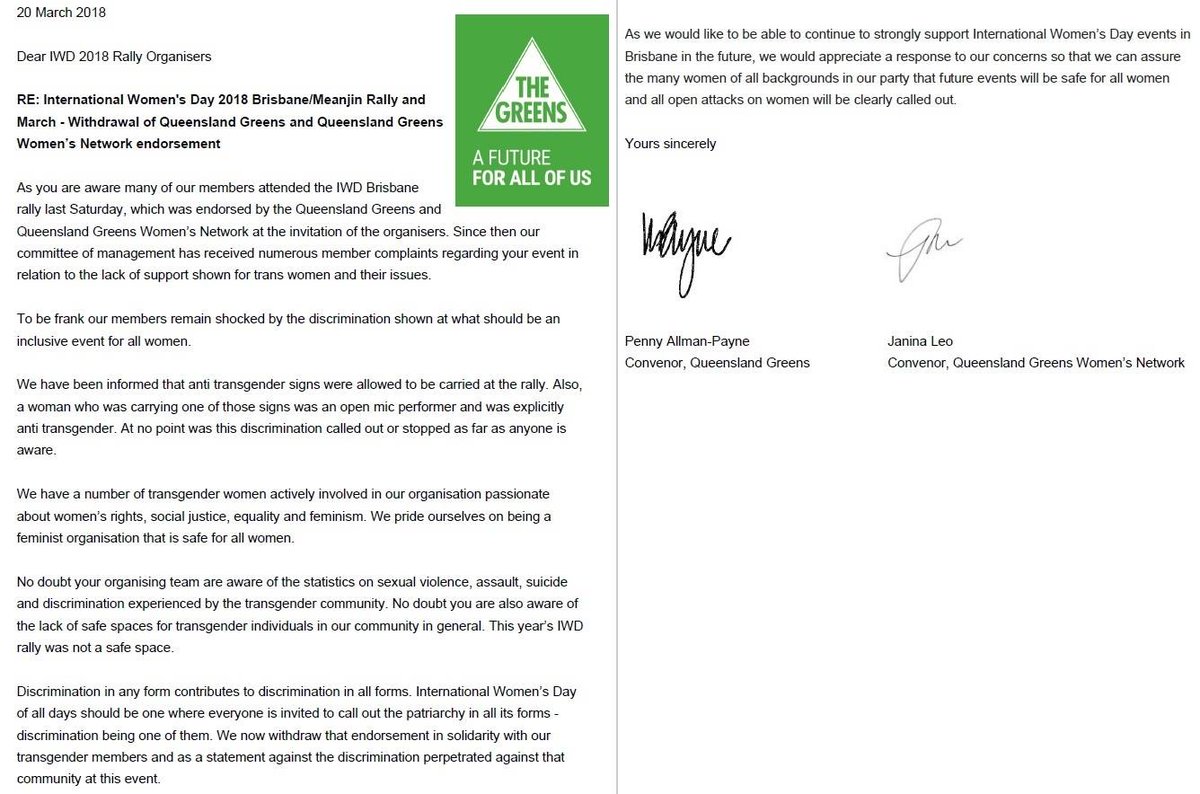 The Green Party, in which Clinch was involved, wrote a letter declaring these women's political speech to be transphobic and withdrew their endorsement of the event for allowing them to attend.