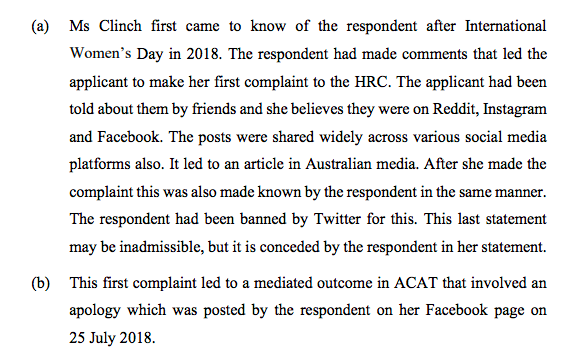 Rep wrote something about the event on Facebook and Clinch complained, resulting in a mediated outcome in which Rep posted an apology to Clinch for "any hurt I have caused Bridget and for any way I have vilified or victimised her"