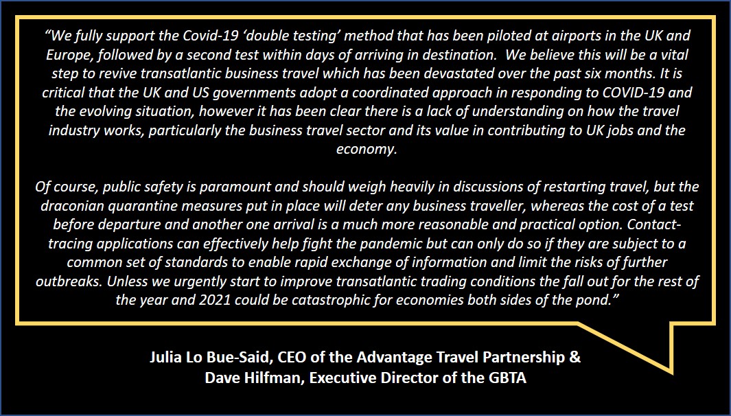 We have joined with @WINHQ, <a href="/GlobalBTA/">GBTA</a> &amp; <a href="/GBTAEurope/">GBTA Europe</a> in support of <a href="/BritAmBusiness/">BritishAmerican Business</a>, who represent 400 UK &amp; US businesses, and are lobbying for compulsory testing for travellers 48hrs before departure to help restore travel across the Atlantic.

#GlobalTravel  #BusinessTravel