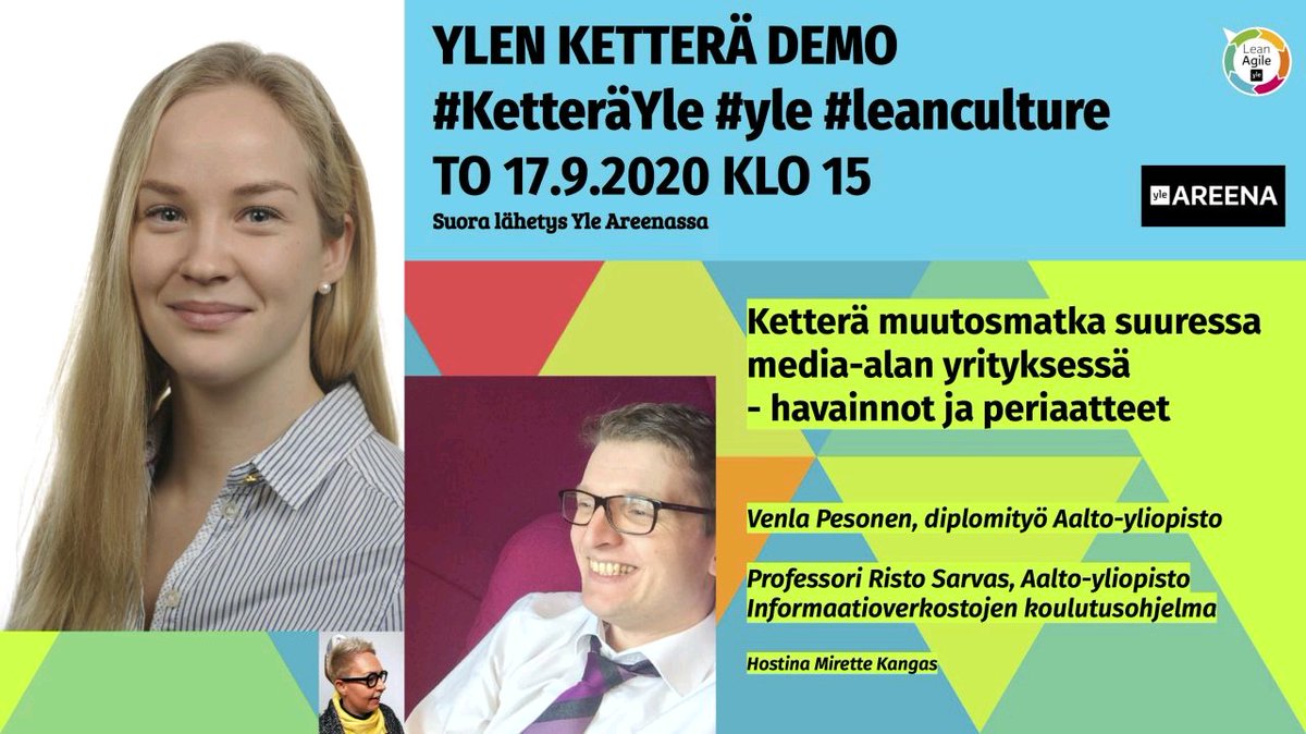 Mille näyttää 10 vuoden ketterä muutosmatka suuressa media-alan yrityksessä? 

Ylen ketterässä demossa aihetta diplomityössään <a href="/AaltoUniversity/">Aalto University</a> tutkinut Pesonen ja professori <a href="/rsarvas/">Risto Sarvas</a> 🌻

Tervetuloa @yleareena'n suoran lähetyksen äärelle to 17.9 klo 15!
🍂🍁🌻

#yle #ketteräyle
