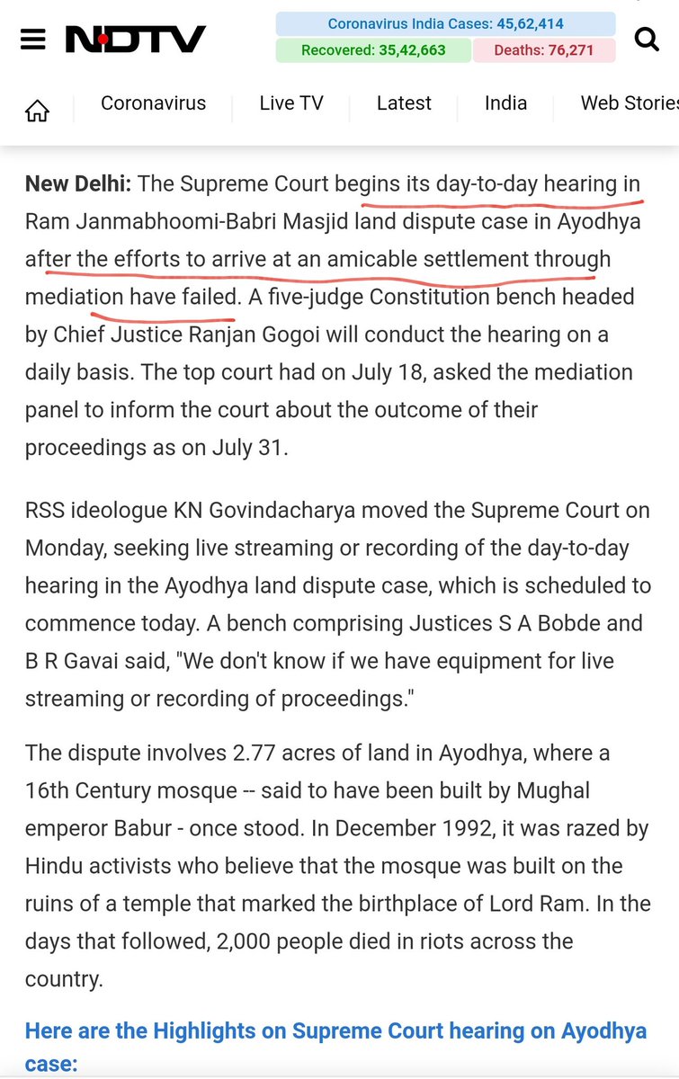 Suburban Xiaomi has been consistently unmasked and we have seen people claim that he 'got the daily hearings started' on the  #RamMandir case.Err...no!The daily hearings started after the out-of-court settlement failed. Why don't people actually read on their own? 1/n