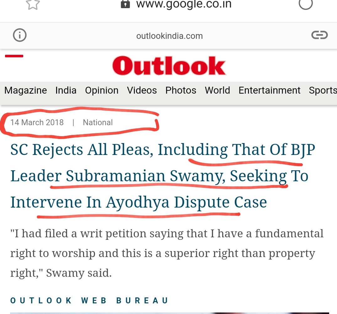 His first plea was REJECTED in 2018, where he tried to insert himself in the case. (In 1993, he had called for the demolition of Ram Lalla Temple.)What happened to his writ petition on right to worship? It was de-tagged from the case & is probably still languishing in SC. 2/n
