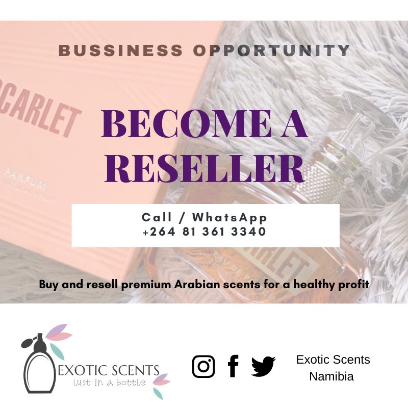 exoticscents_na's tweet photo. ‼️Business Opportunity

Bulk prices now available!!

N$380 each for 5-9 items
N$350 each for 10 and more

Stock and testers available 
☎️0813613340

#claimyourconfidence #exoticscents https://t.co/exWUX5krD6