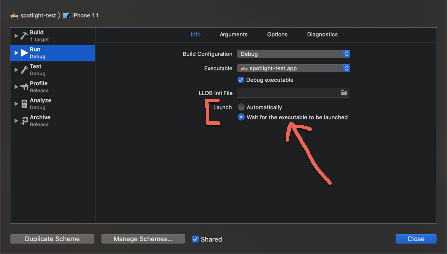 denisenepraunig's tweet photo. THIS is a very important setting when you want to debug the app which is triggered via Spotlight but NOT open yet.
You find the userActivity here:
>> SceneDelegate:
App open: scene continue userActivity
App not open: scene willConnectTo session options
#iOS13 #CoreSpotLight https://t.co/MH4qscR8ff