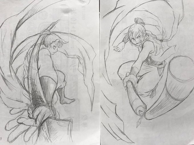 @mochimugi_sub 元々文次郎の絵があったので、犬猿としてそれに合わせるつもりで描きました。
文次が右向きなら留は左、武具の反りも逆、布の流れも逆。文次は口を閉じているので、留三郎は口を開ける、など
あと、布を描くと動きを安易に出せるのでおススメです←
藤内の絵も、布のしなやかさが演出してくれてます 