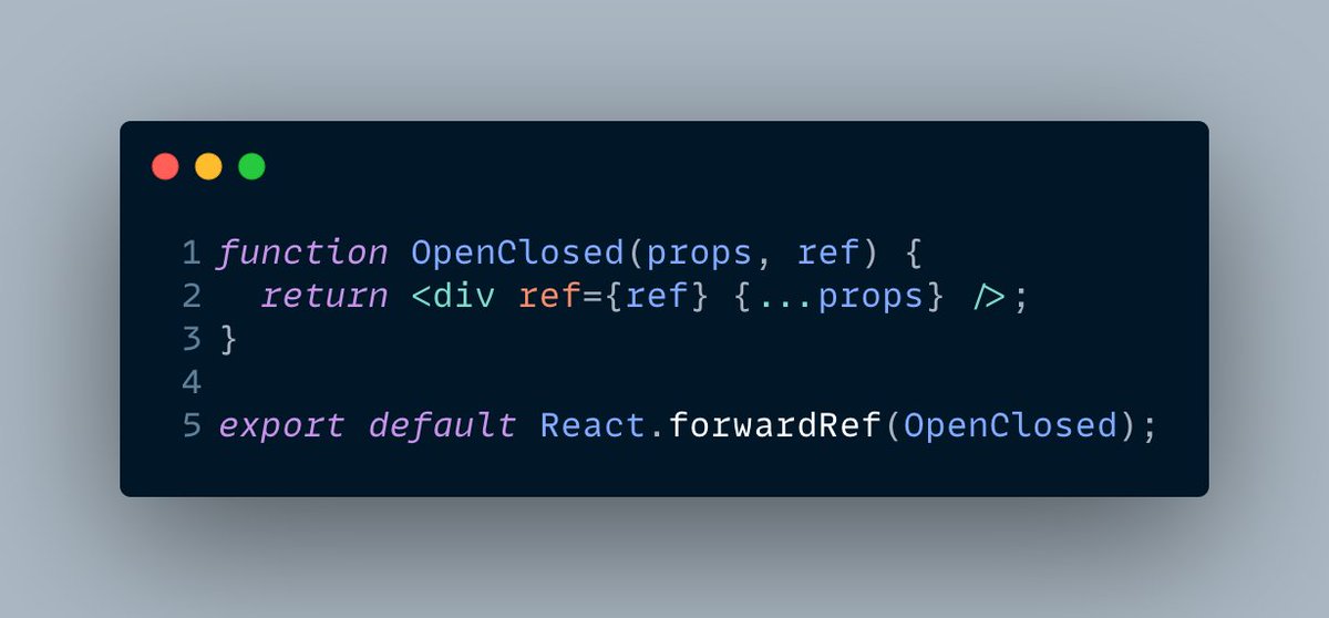 diegohaz's tweet image. Tip #5 for building highly composable React components:
Always forward refs!
Hopefully, in the future (React 18?), refs will be passed together with the other props by default and we won't need to worry about them anymore.
carbon.now.sh/?bg=rgba(171%2…