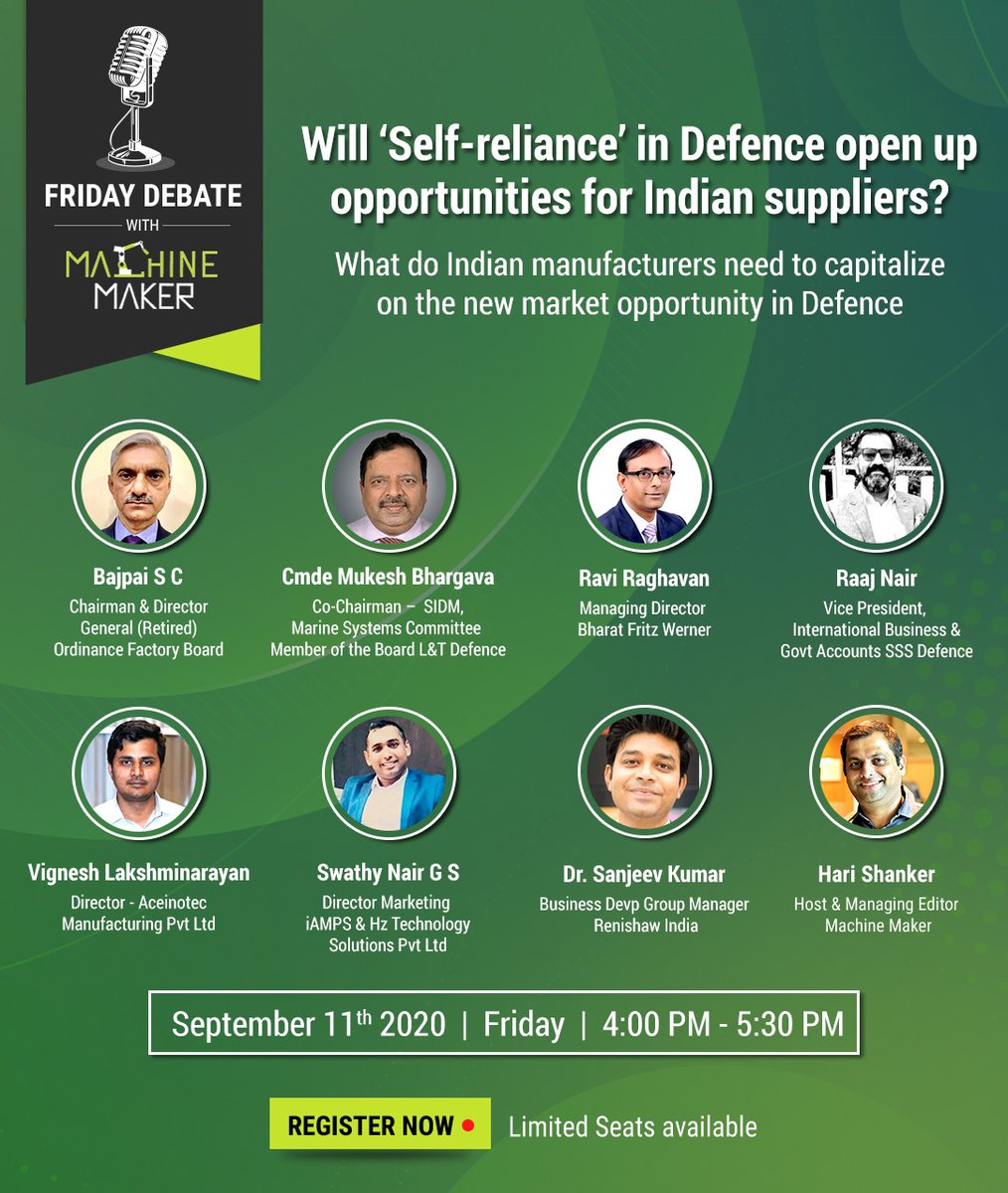 themachinemaker's tweet photo. The Machine Maker is now live on Youtube with its #Fridaydebate. The webinar is on, "Will ‘Self-reliance’ in Defence opens up opportunities for Indian suppliers?”.

Join the youtube live now: 
https://t.co/6rFWQZvc9w

#webinar #WebinarAlert #Defence #AtmaNirbharBharat #LIVE https://t.co/ABsjqBZPJI