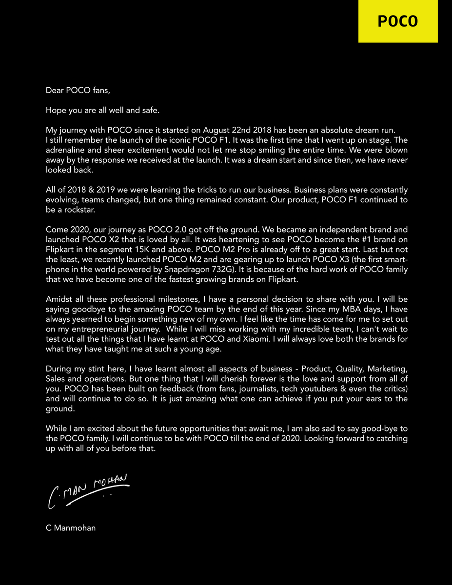 cmanmohan's tweet image. It is always difficult to bid adieu to something that we are really close with. Will be starting a new journey of becoming an entrepreneur at the end of this year. I express my gratitude to everyone who has been with me throughout this journey

Wishing @Indiapoco team the best.❤️