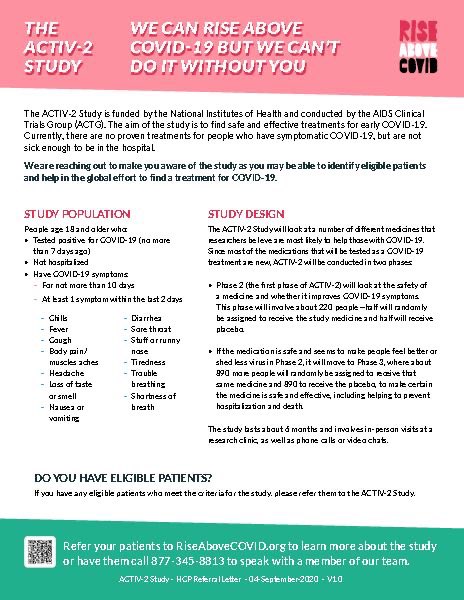 Pitt is one of 25 initial sites conducting #ACTIV2, which includes both phase 2 and phase 3 evaluations of multiple promising investigational agents for treating early COVID-19 in a single trial.

Please share with patients who may be interested and eligible.