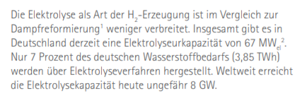 This recent  @DIHK_Research paper estimates electrolysis production to make up 7% of German H2 demand (3,75TWh) https://www.dihk.de/resource/blob/24872/fd2c89df9484cf912199041a9587a3d6/dihk-faktenpapier-wasserstoff-data.pdfSomewhat older research with data assumes lower demand puts the figure at 5%. https://www.uniper.energy/storage/sites/default/files/2017-12/2017_okt_volkswirtschaftliches_kurzgutachten_mep_fur_ptx.pdf https://www.innovationsforum-energiewende.de/fileadmin/user_upload/Potentialstudie-fuer-gruenen-Wasserstoff-in-Raffinerien.pdf