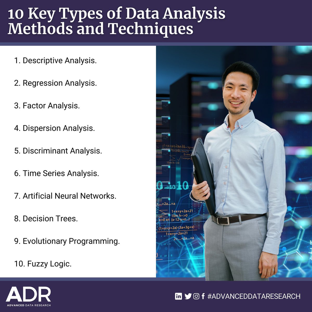 For today's post we have 10 Key types of data analysis methods and techniques.

Tag some who should 
see this post ⤵️

#DataResearch #DataScience