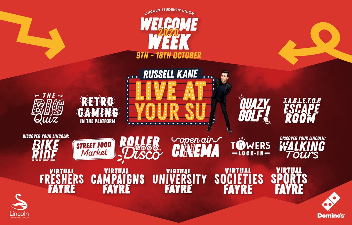 🥳 WELCOME WEEK 2020! 🥳

From the 9th – 18th October, you can enjoy a massive line up of events from your SU!

Full listings: lincolnsu.com/welcome-week 

TICKETS ON SALE WEDS 16TH SEPT @ 12PM.

*All of these events will be held following Government Guidelines*