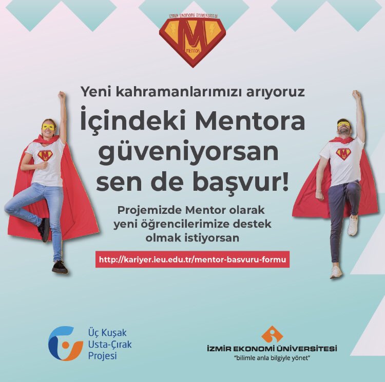 Usta-Çırak Projesi’nin ilk basamağı olan Mentorluk Projesi kapsamında üniversitemize yeni gelen öğrencilerimize danışmanlık yapmak istiyorsan kariyer.ieu.edu.tr/tr/mentor-basv… adresinde bulunan Başvuru Formunu doldurabilirsin. Detaylı bilgi için: mentor@ieu.edu.tr