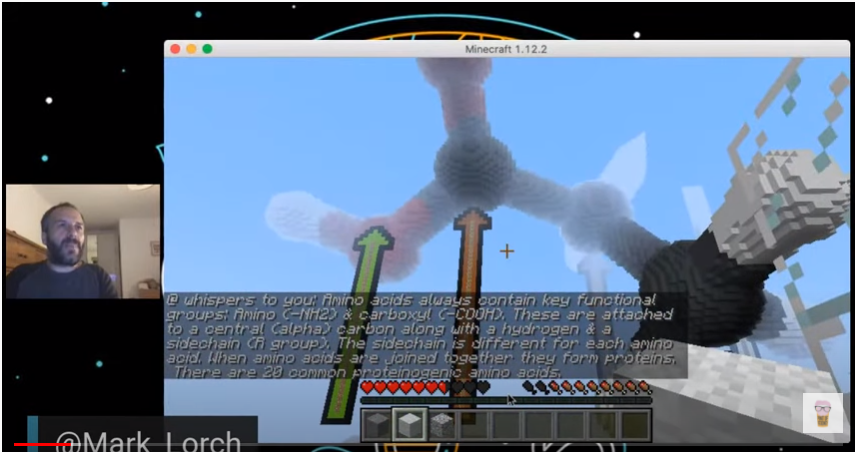DocWithTheSocs's tweet photo. First speaker was @Mark_Lorch from @UniOfHull using #minecraft to create molecular structures like this amino acid. Students are taught fundamentals of biochemistry and structural chemistry by the villagers #molcraft 2/10 https://t.co/4bZCAO9r4z