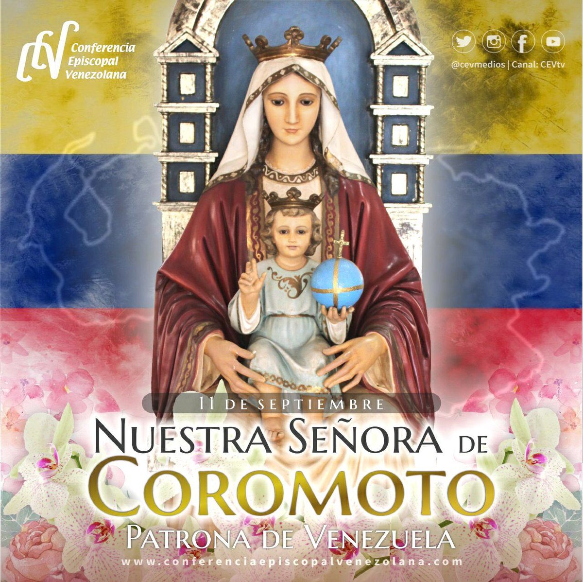 CEVmedios's tweet photo. Te reconocemos, Virgen bendita, no sólo como Madre nuestra, sino también como la Augusta Soberana y fiel Protectora del pueblo venezolano. En este solemne día, te ofrecemos y consagramos nuestras personas, nuestras familias, nuestras casas...
#PatronadeVenezuela https://t.co/Q0cpIiD4gX