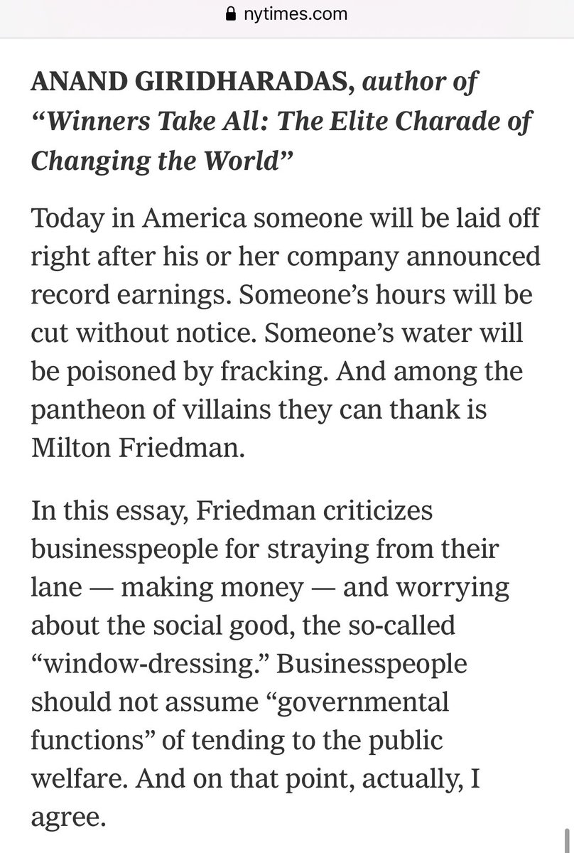 50 years ago, Milton Friedman published an essay that changed the world.For the worse. In telling business to ignore society, it made the world crueler, more full of suffering, more unequal. @NYTmag asked me and others to reflect on his legacy of pain. https://www.nytimes.com/2020/09/11/business/dealbook/milton-friedman-doctrine-social-responsibility-of-business.html
