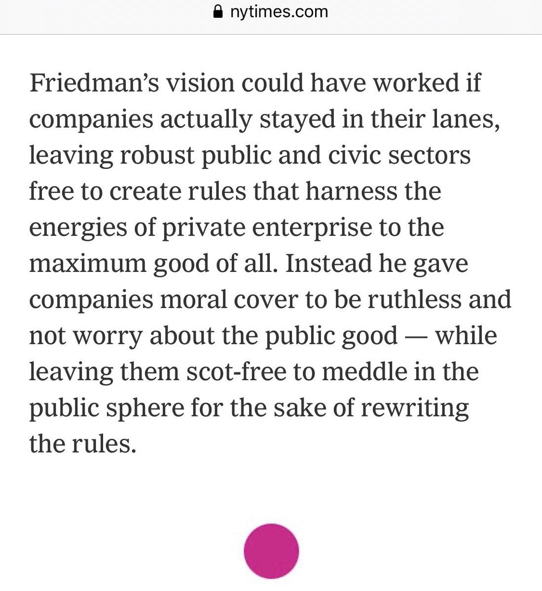 50 years ago, Milton Friedman published an essay that changed the world.For the worse. In telling business to ignore society, it made the world crueler, more full of suffering, more unequal. @NYTmag asked me and others to reflect on his legacy of pain. https://www.nytimes.com/2020/09/11/business/dealbook/milton-friedman-doctrine-social-responsibility-of-business.html