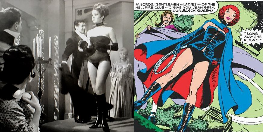 Claremont’s X-women are also influenced by Emma Peel. The 1966 Avengers episode “A Touch of Brimstone,” featuring Peel wearing a “Queen of Sin” costume (designed by Rigg) at a “Hellfire Club” orgy was banned in the US, but directly inspired 1980’s “Dark Phoenix Saga.” 3/10