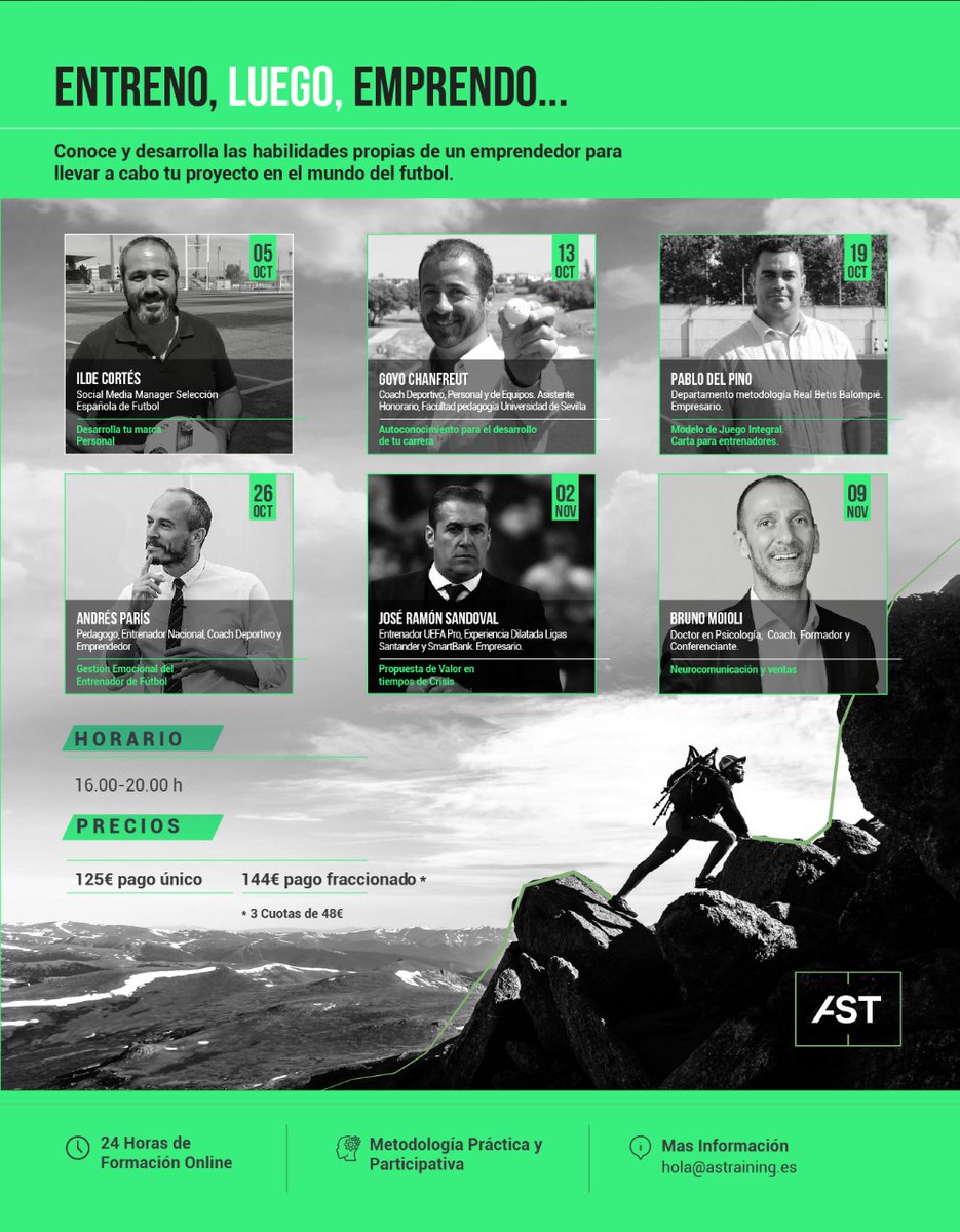 Tras el éxito de las anteriores ediciones con nuestros amigos de <a href="/EntrenoE/">Entreno Luego Emprendo</a>, os podemos confirmar que  ¡ABRIMOS INSCRIPCIONES en AST!💥

CURSO ENTRENO, LUEGO EMPRENDO📊

Cargado de novedades, con nuevos ponentes y facilidades de pago ⚽

✍ APÚNTATE YA EN mtr.cool/juwuaorbky